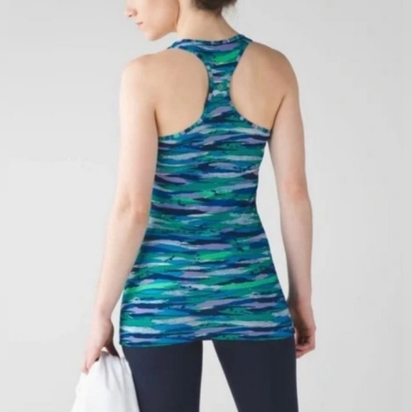Lululemon Stretch Green Blue Gray White Striped Racerback Tank Top - Picture 3 of 7